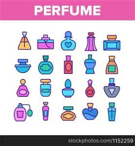 Perfume Containers Collection Icons Set Vector Thin Line. Glass Bottles With Aromatic Perfume In Different Beautiful Forms Concept Linear Pictograms. Color Illustrations. Perfume Containers Collection Icons Set Vector