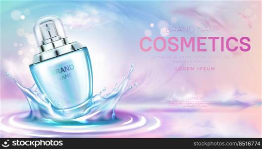 Perfume cosmetic bottle on splashing water