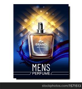 Perfume For Men Creative Promotional Banner Vector. Blank Perfume Flask On Luxury Advertising Marketing Poster. Fashionable Aroma Toiletry Water Gift On Holiday Color Concept Template Illustration. Perfume For Men Creative Promotional Banner Vector