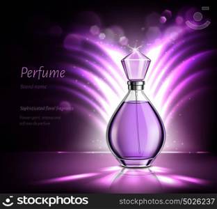 Perfume glass bottle product advertising realistic composition on blurred purple background with sparkles and rays vector illustration  . Perfume Product Advertising Realistic Composition