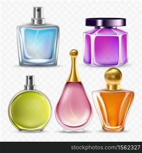 Perfume Glass Bottles Sprayer Collection Vector. Transparency Blank Perfumery Bottles In Different Form And Style Gift For Man Or Woman. Aromatic Fluid Containers Template Realistic 3d Illustrations. Perfume Glass Bottles Sprayer Collection Vector