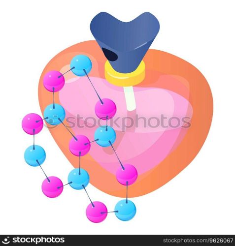 Perfume icon isometric vector. Shape heart bottle of perfume and molecule symbol. Parfum toilette, aroma, perfumery. Perfume icon isometric vector. Shape heart bottle of perfume and molecule symbol