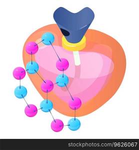 Perfume icon isometric vector. Shape heart bottle of perfume and molecule symbol. Parfum toilette, aroma, perfumery. Perfume icon isometric vector. Shape heart bottle of perfume and molecule symbol