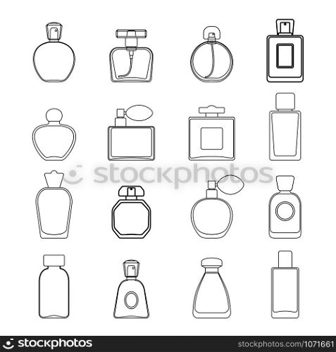 Perfume icon set in line art style isolated on white background. Vector illustration.. Vector Perfume icon set in line art style isolated on white background.
