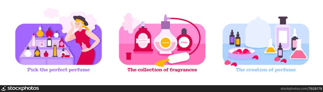 Perfume icons composition set with creation of perfume symbols flat isolated vector illustration. Perfume Icons Composition Set
