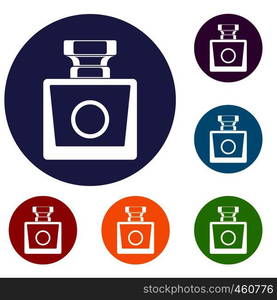 Perfume icons set in flat circle reb, blue and green color for web. Perfume icons set