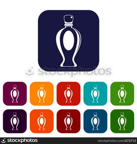 Perfume icons set vector illustration in flat style In colors red, blue, green and other. Perfume bottle icons set flat
