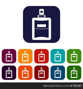 Perfume icons set vector illustration in flat style in colors red, blue, green, and other. Perfume icons set