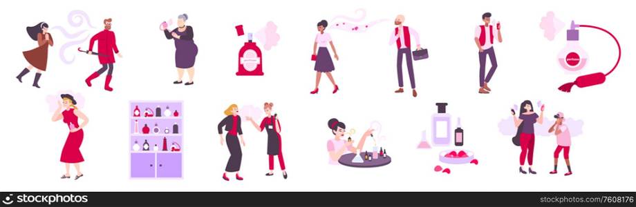 Perfume icons set with people and shops flat isolated vector illustration. Perfume Icons Set