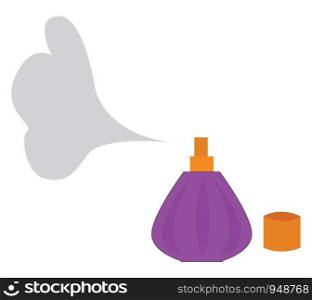 Perfume in the air from a small violet perfume bottle, vector, color drawing or illustration.