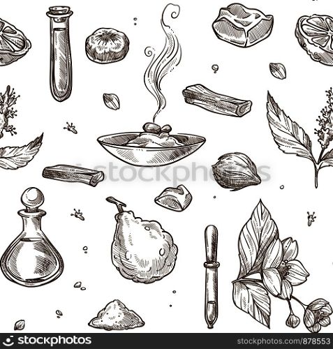 Perfume natural ingredients seamless pattern. Aromatic jasmine, fresh patchouli, solid ambergris, sandal pieces, exquisite incense, bergamot slice and mask extract isolated monochrome vector illustrations.. Perfume natural ingredients seamless pattern. Aromatic jasmine