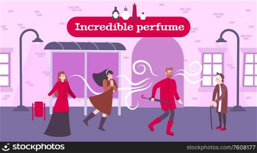 Perfume odor background with incredible perfume symbols flat vector illustration. Perfume Odor Background