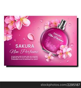 Perfume Sakura Creative Promotion Banner Vector. Aromatic Perfume Blank Vial Spray, Tree Flower Buds And Water Drops On Advertising Poster. Fragrance Essence Style Concept Template Illustration. Perfume Sakura Creative Promotion Banner Vector