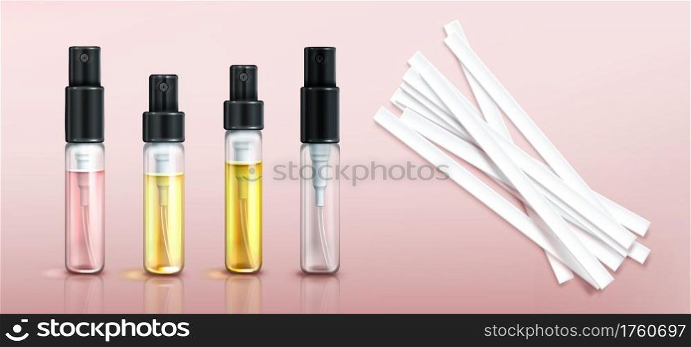 Perfume tester glass bottles and paper strips. Fragrance sample in transparent tubes with black spray cap on pink background. Vector realistic set of 3d perfumery testers and empty clear vial. Perfume tester glass bottles and paper strips
