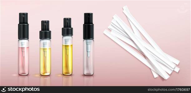 Perfume tester glass bottles and paper strips. Fragrance sample in transparent tubes with black spray cap on pink background. Vector realistic set of 3d perfumery testers and empty clear vial. Perfume tester glass bottles and paper strips