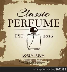 Perfume vintage label on vintage poster background. Banner perfume retro. Vector illustration. Perfume vintage label on vintage poster background