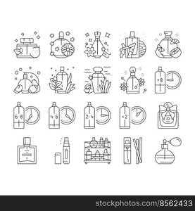 perfumery glass luxury cosmetic icons set vector. perfume woman beauty, aroma product, scent water, fashion smell, essence flask perfumery glass luxury cosmetic black contour illustrations. perfumery glass luxury cosmetic icons set vector