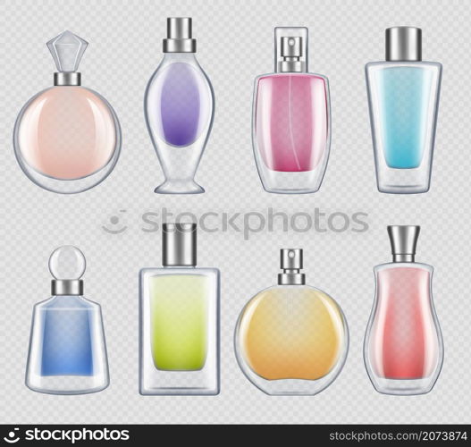 Perfumes bottles. Realistic luxury good smell for female in glass bottles decent vector mockup collection. Perfume smell bottle, scent aroma container illustration. Perfumes bottles. Realistic luxury good smell for female in glass bottles decent vector mockup collection