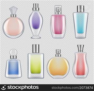 Perfumes bottles. Realistic luxury good smell for female in glass bottles decent vector mockup collection. Perfume smell bottle, scent aroma container illustration. Perfumes bottles. Realistic luxury good smell for female in glass bottles decent vector mockup collection
