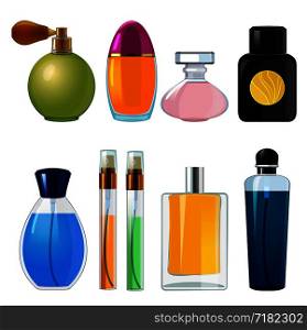 Perfumes bottles. Various flasks and glass bottles for women perfume. Cosmetic bottle container, perfume sprayer illustration. Perfumes bottles. Various flasks and glass bottles for women perfume