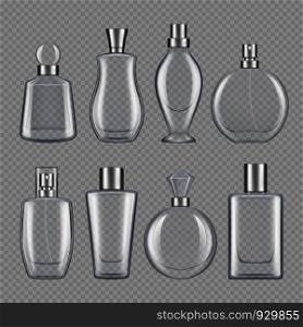 Perfumes for male and female. Various bottles of perfume. Bottle glass container for perfume, various fragrance collection illustration. Perfumes for male and female. Various bottles of perfume