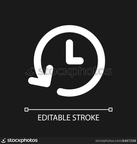 Period of time pixel perfect white linear ui icon for dark theme. Project duration. Alarm clock. Vector line pictogram. Isolated user interface symbol for night mode. Editable stroke. Arial font used. Period of time pixel perfect white linear ui icon for dark theme