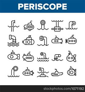 Periscope Collection Elements Icons Set Vector Thin Line. Military Submarine Vision Equipment Periscope, Nautical Boat Device Concept Linear Pictograms. Monochrome Contour Illustrations. Periscope Collection Elements Icons Set Vector