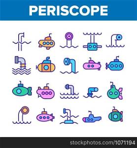 Periscope Collection Elements Icons Set Vector Thin Line. Military Submarine Vision Equipment Periscope, Nautical Boat Device Concept Linear Pictograms. Color Illustrations. Periscope Collection Elements Icons Set Vector