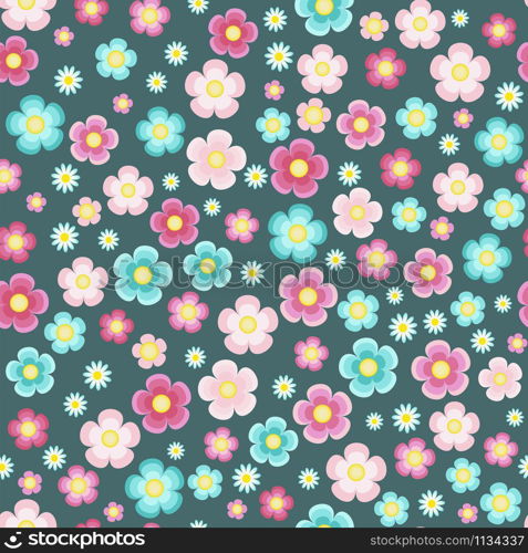 Periwinkle pink turquoise five petal flowers on the azure blue background vector seamless pattern