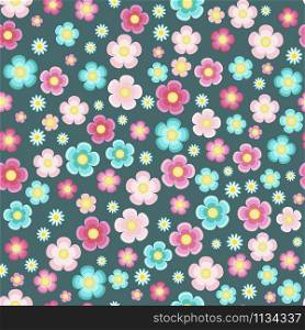 Periwinkle pink turquoise five petal flowers on the azure blue background vector seamless pattern
