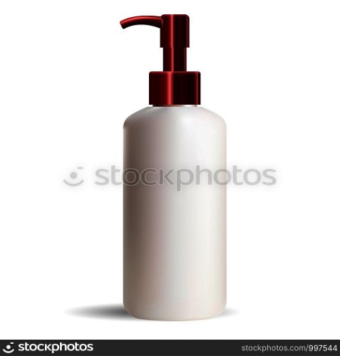 Perl white cleanser dispenser pump bottle with red lid. Cosmetic package mockup. Vector illustration design template.. Perl white cleanser dispenser pump bottle with red lid.
