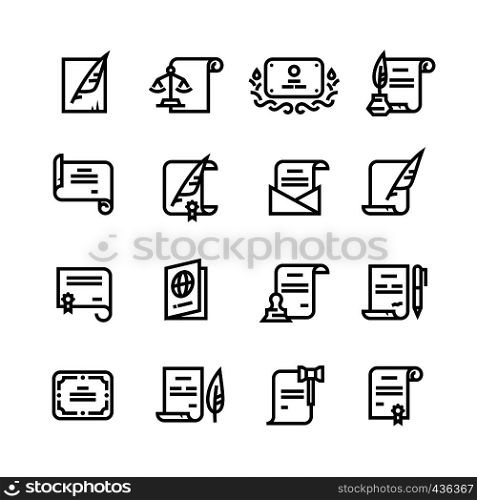 Permission documents, certificate and passport, licence with cachet simple line icons. Certificate document paper and diploma with stamp illustration. Permission documents, certificate and passport, licence with cachet simple line icons