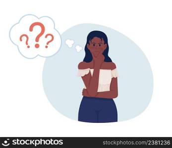 Perplexed lady 2D vector isolated illustration. Questioning and pensive flat character on cartoon background. Uncertain woman frowns colourful scene for mobile, website, presentation. Perplexed lady 2D vector isolated illustration