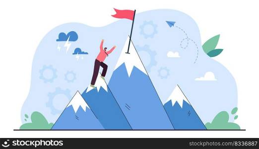Perseverance in achieving business goal of businessman. Tiny brave man climbing mountain top to flag with effort and belief of victory flat vector illustration. Ambition, success strategy concept. Perseverance in achieving business goal of businessman