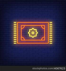 Persian carpet neon sign. Oriental mosaic rug. Night bright advertisement. Vector illustration in neon style for Ramadan holiday or cultural event
