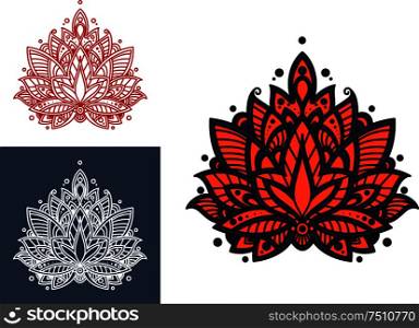 Persian flower with bright coral paisley petals, decorated by intricate blue oriental ornament. For textile or lace embellishment design. Coral persian paisley flower with oriental pattern