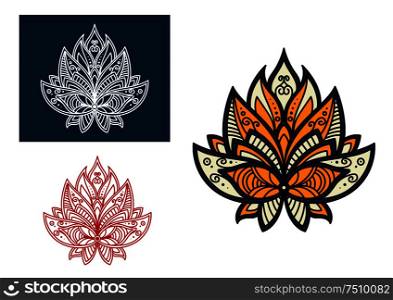 Persian paisley flower with white and yellow curved petals adorned by traditional openwork paisley ornament. Outline persian paisley flower with retro ornament