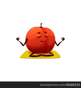 Persimmon exotic fruit isolated in lotus pose sitting on yoga mat cartoon character emoticon. Vector Jiro persimmon fruit, tropical food dessert doing fitness pilates exercises. Peach apricot mascot. Jiro persimmon cartoon character on yoga sport mat