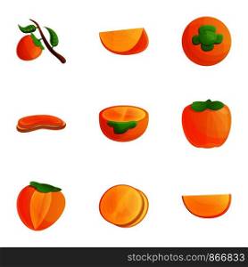Persimmon fruit icon set. Cartoon set of 9 persimmon fruit vector icons for web design isolated on white background. Persimmon fruit icon set, cartoon style
