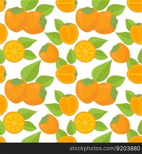 Persimmon fruits seamless pattern. Fruit summer background. Bright persimmon print for textile, digital paper, packaging and design. Vector illustration. Persimmon fruits seamless pattern