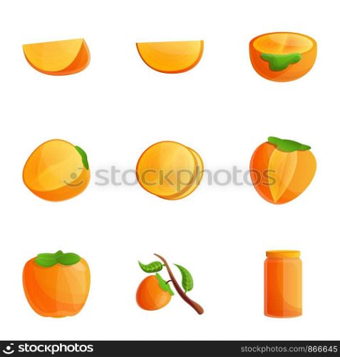 Persimmon icon set. Cartoon set of 9 persimmon vector icons for web design isolated on white background. Persimmon icon set, cartoon style