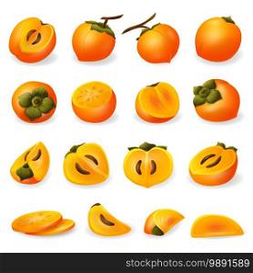 Persimmon icons set. Cartoon set of persimmon vector icons for web design. Persimmon icons set, cartoon style