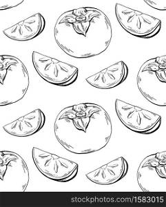Persimmon sketch seamless contour pattern on white background. Healthy food with fruits and slices. Vector texture for fabrics, wallpapers and your creativity.. Persimmon sketch seamless contour pattern on white background. Healthy food with fruits and slices. Vector texture