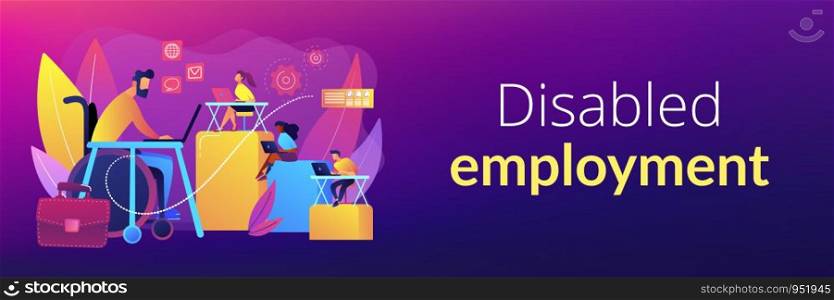 Person adaptation with disability. Office workplace, coworking zone. Disabled employment, work for disabled people, we hire all people concept. Header or footer banner template with copy space.. Disabled employment concept banner header