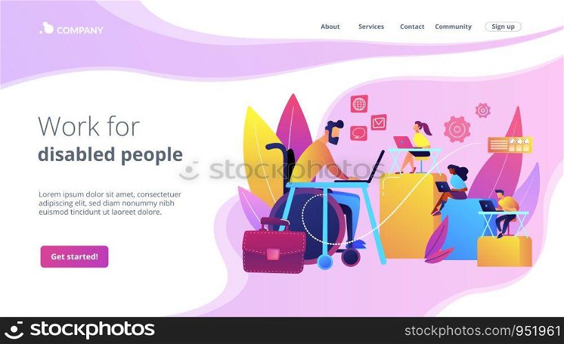 Person adaptation with disability. Office workplace, coworking zone. Disabled employment, work for disabled people, we hire all people concept. Website homepage landing web page template.. Disabled employment concept landing page