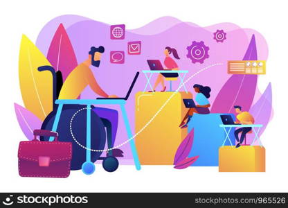 Person adaptation with disability. Office workplace, coworking zone. Disabled employment, work for disabled people, we hire all people concept. Bright vibrant violet vector isolated illustration. Disabled employment concept vector illustration
