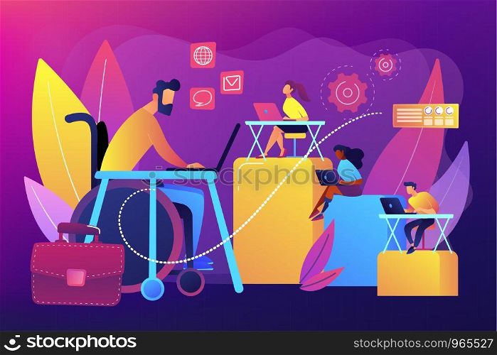 Person adaptation with disability. Office workplace, coworking zone. Disabled employment, work for disabled people, we hire all people concept. Bright vibrant violet vector isolated illustration. Disabled employment concept vector illustration