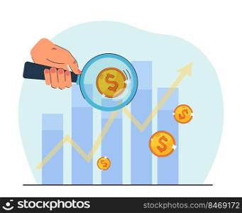 Person analyzing financial chart. Hand holding magnifying glass against charts with coins. Finance, banking, business concept for banner, website design or landing web page