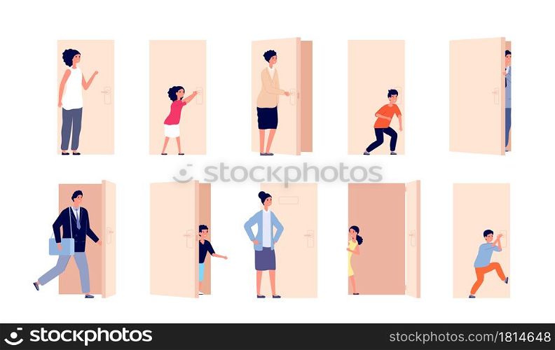 Person and door. Men open doors, business people closed and opened entry. Cartoon man woman pass, kid overhear and hold knob utter vector set. Illustration open door, doorway opportunity. Person and door. Men open doors, business people closed and opened entry. Cartoon man woman pass, kid overhear and hold knob utter vector set