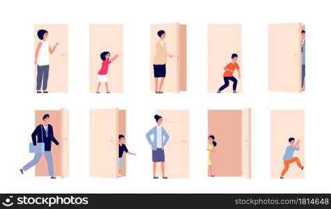 Person and door. Men open doors, business people closed and opened entry. Cartoon man woman pass, kid overhear and hold knob utter vector set. Illustration open door, doorway opportunity. Person and door. Men open doors, business people closed and opened entry. Cartoon man woman pass, kid overhear and hold knob utter vector set